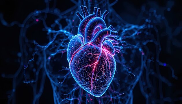 Human heart glows with intricate digital network patterns against a dark background.