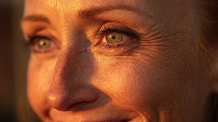 Fototapeta premium Senior woman smiling gently at golden hour concept. A close-up of a woman's face illuminated by warm sunlight.