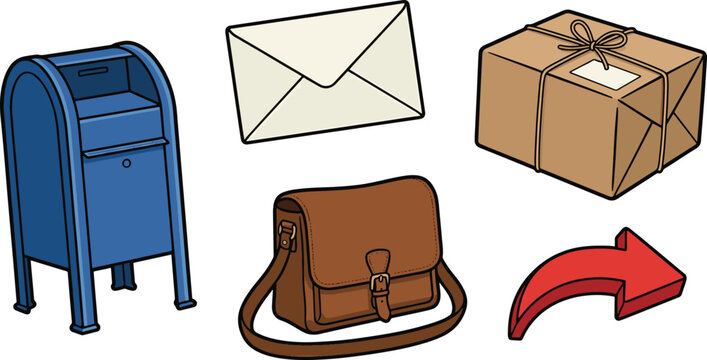 Objects on a surface, including a blue mailbox, white envelope, brown package, leather handbag, and red arrow.