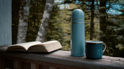 Naklejka premium Cozy autumn cabin porch with mountain view concept. A cozy scene with a book, thermos, and a cup in nature.