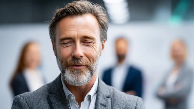 Serene Contemplation: An experienced leader with a composed expression and closed eyes, stands confidently in the center, as the soft backdrop hints at colleagues and the professional ambiance.
