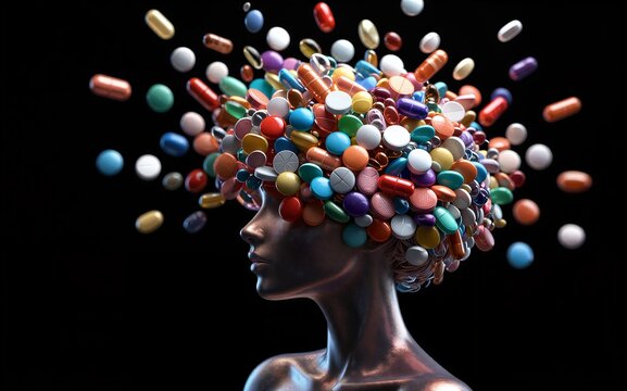 A metallic head bursts with colorful pills symbolizing mental