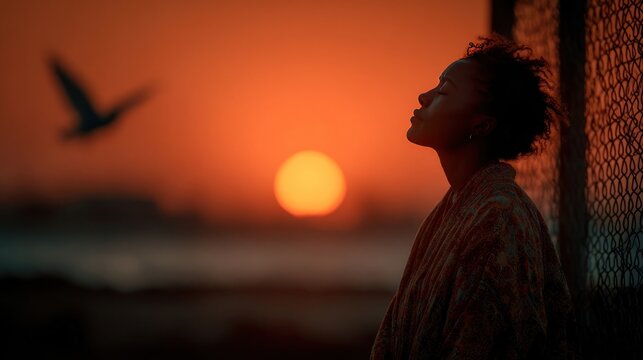 Silhouette of a young woman imprisoned alone on an island, praying under a sunset sky as a free bird flies overhead, hope and peace theme