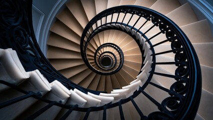 Obraz premium Architectural marvel elegant spiral staircase with ornate iron balustrade descending into depth