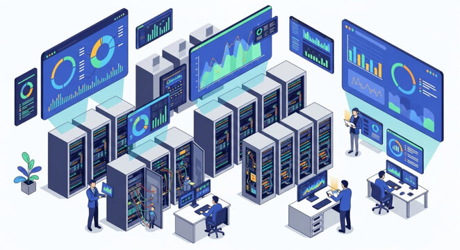 Modern data center with servers and computer screens displaying analytics.