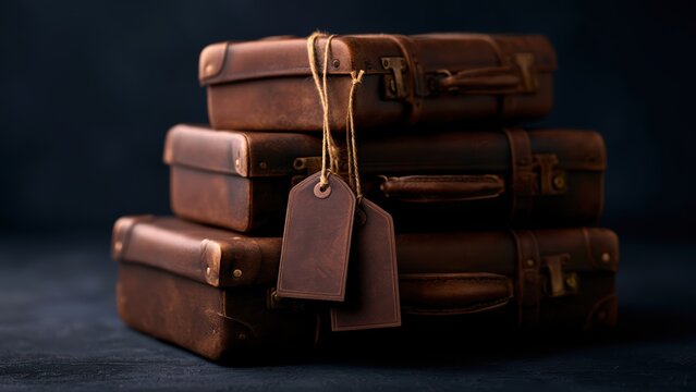 Vintage brown leather suitcases stacked with blank luggage tags, symbolizing journeys and new adventures.