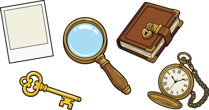 A collection of vintage detective and mystery-themed objects including a magnifying glass, locked diary, old key, pocket watch, and blank polaroid.