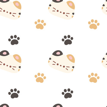 Cute Kawaii cartoon calico cat and paw print vector seamless pattern illustration