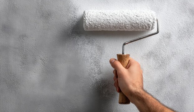 Close-up of a hand painting a textured wall with a white paint roller.