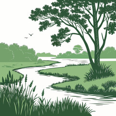 natural floodplain landscape illustration with river lake and trees high quality © MST SABLRON