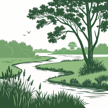natural floodplain landscape illustration with river lake and trees high quality