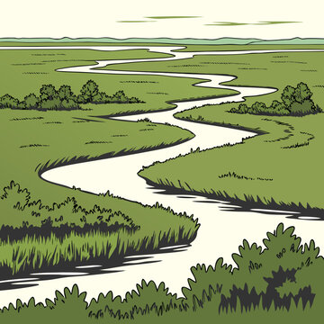 winding river landscape aerial view illustration in green tones high quality