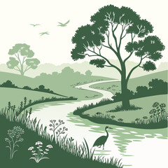 Fototapeta premium green landscape with river and trees vector illustration high quality professional