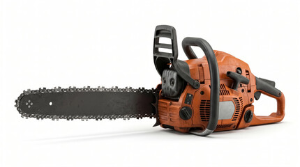 Naklejka premium Heavy Duty Chainsaw Machine on White Background, Professional Industrial Cutting Tool