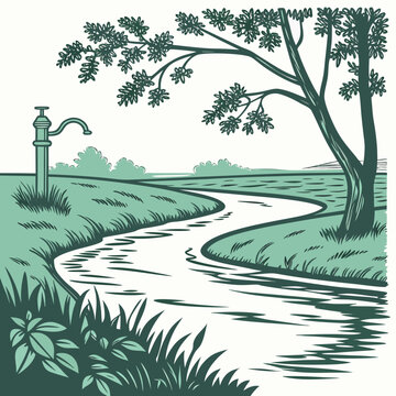 lake and stream illustration vintage style landscape with trees high quality