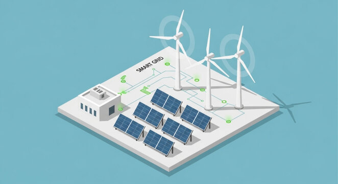 Renewable energy sources including solar panels and wind turbines.