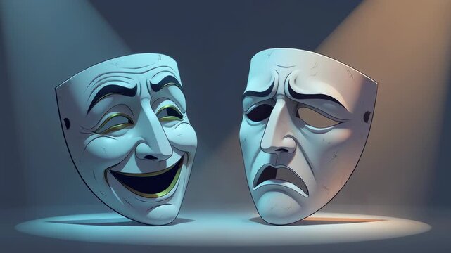 Two theatrical masks one joyful and one sorrowful rest on a dark stage surface, capturing the essence of drama and performance through the iconic duality of laughter and tears in theatre.