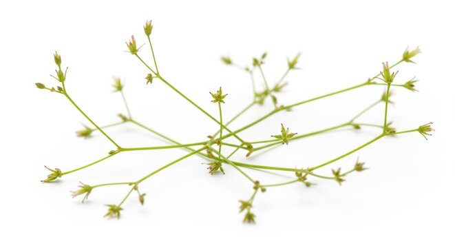 Delicate green field madder plant on white background, wild sherardia arvensis stems with tiny flowers, botanical herb specimen for nature design