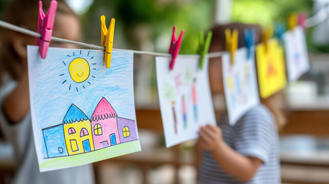 Overhead view of children's drawings pinned to a board showing suns, houses and stick figures, school art concept, children's creative expression, kids day at school, with copy space