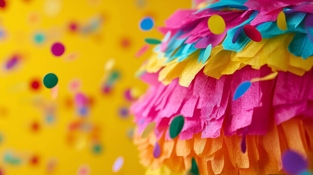 Close-up of a pinata burst with candies and confetti falling out against a bright yellow background, children's party game concept, celebration surprise moment, festive activity, defocused