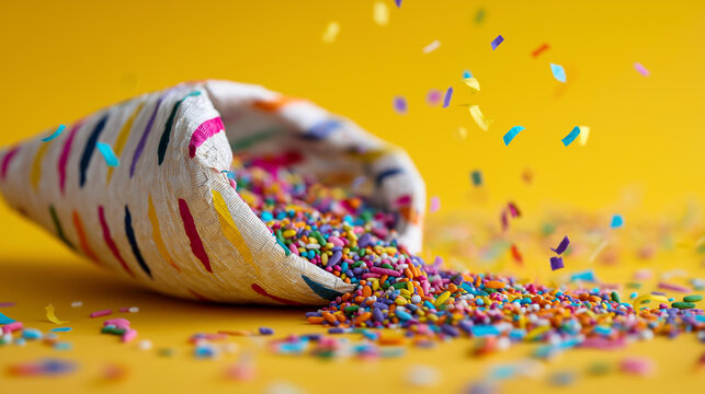 Close-up of a pinata burst with candies and confetti falling out against a bright yellow background, children's party game concept, celebration surprise moment, festive activity, defocused