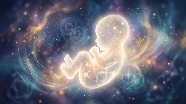 Transparent silhouette of a newborn baby on a magical ethereal background, conceptual image of the miracle of life, embryonic development and reproductive medicine