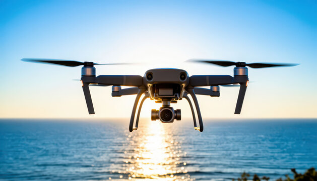 A drone hovers above the ocean during sunset, capturing stunning views. The drone is positioned to emphasize the horizon and waves in the tranquil scene.