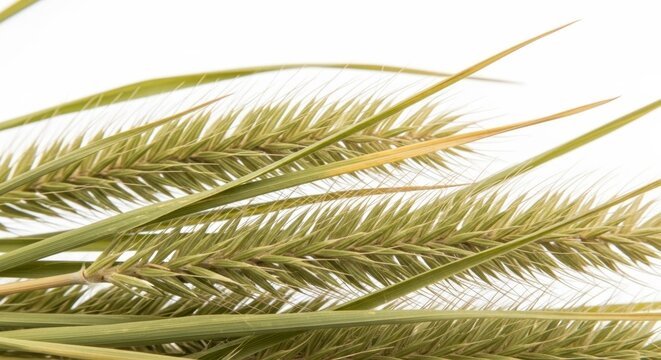 Green wheat ears on white background, fresh organic cereal stalks, agricultural harvest grain plant, natural botanical texture for bakery design