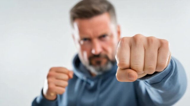 Focused Fist: A determined man, centered in the frame, throws a clenched fist forward, embodying strength and resolve. The image is a striking display of power and concentration. 