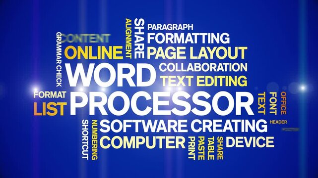 Word Processor animated word cloud-text design animation tag kinetic typography seamless loop.
