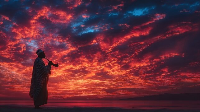 Silhouette of man blowing shofar at sunset, vibrant dramatic sky in the background