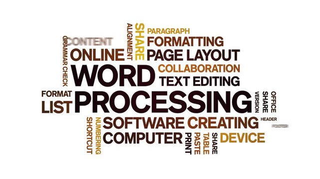 Word Processing animated word cloud-text design animation tag kinetic typography seamless loop.