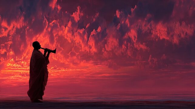 Silhouette of man blowing shofar at sunset, vibrant dramatic sky in the background