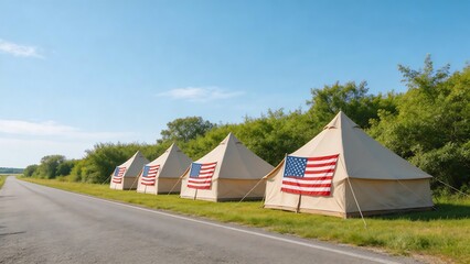 Obraz premium Tents with flags along road