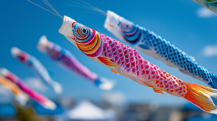 Close-up of colorful koinobori carp streamers flying in the wind against a bright blue spring sky, children's day Japan concept, traditional celebration, cultural symbol, defocused