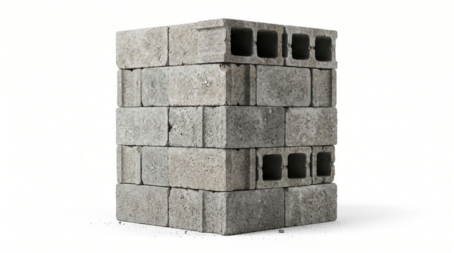 Professional Concrete Block Stack on White Background, Essential Building Construction Material