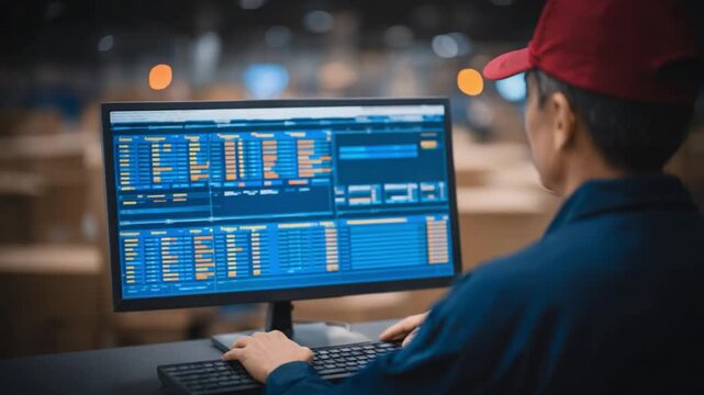 Warehouse Data Entry: A focused individual in a warehouse setting, deeply engaged with data entry on a computer, demonstrating meticulous attention to detail and dedication.