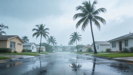 Obraz premium Rainy street with palm trees and houses