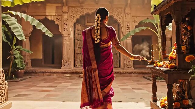 Elegant Woman in Traditional Magenta Saree in Heritage Courtyard