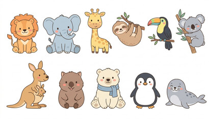 Cute baby animal vector bundle tropical and arctic nursery set © Kuddus