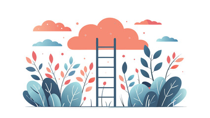 Obraz premium Vector illustration of a ladder reaching a cloud amidst stylized plants, representing a growth concept for success, career goals, and ambitious dreams on a dark background