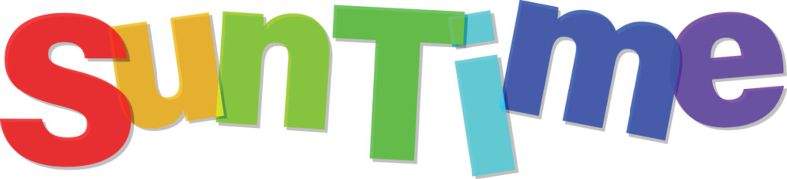 Colorful 3D text SunTime with rainbow letters and gray shadows  fun and playful typography