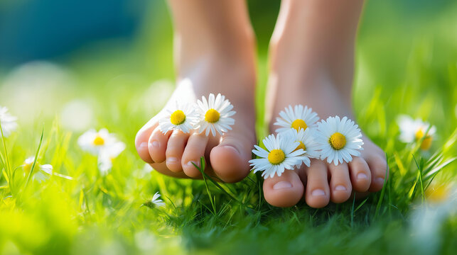 Close-up of small bare feet in green grass with daisy flowers tucked between toes in summer sunlight, carefree childhood concept, international children's day, nature and kids, defocused