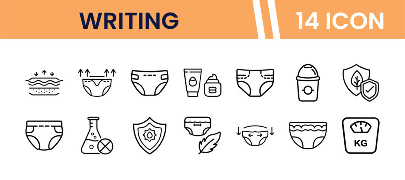 Diaper care line icon set, 14 vector icons for baby hygiene and protection. Newborn essentials, absorbent diapers, and gentle skincare products. Infant health and comfort symbols.