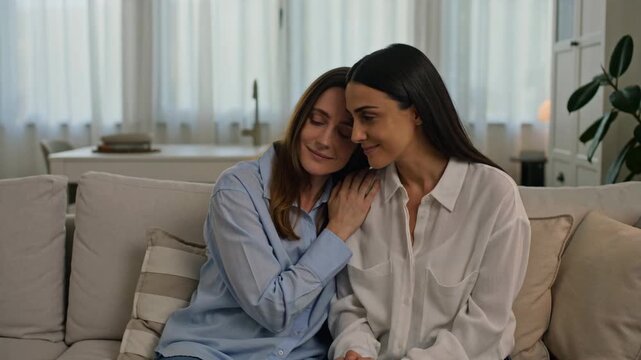 Empathetic Support Between Two Women on a Couch: A Moment of Comfort and Understanding, Showing