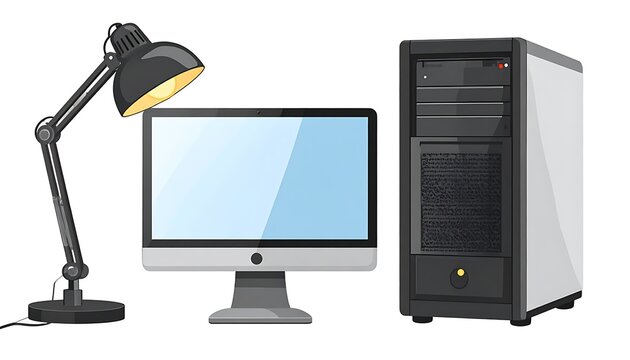 A computer setup with a monitor, tower and lamp