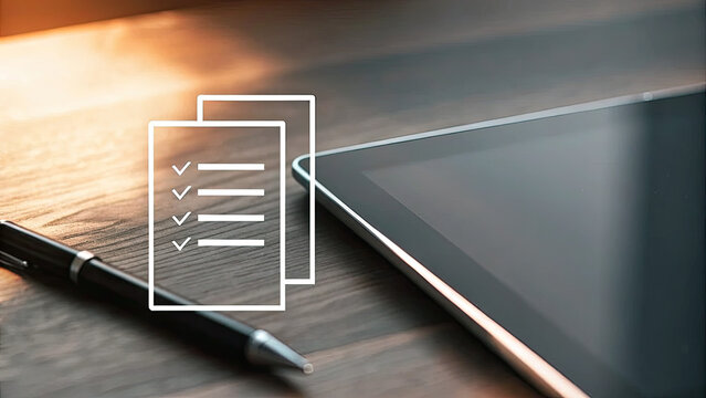 Person using pen to complete digital checklist concept. A workspace with a tablet, checklist paper, and pen.