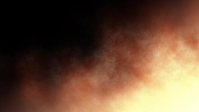 Cinematic Dense Burning Smoke With Warm Orange And Yellow Glow Blending  on dark background. Soft Volumetric Fog Creates A Dramatic Atmospheric Effect,