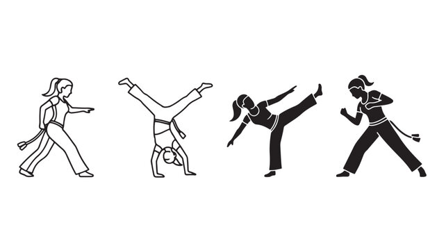 Capoeira Silhouette Set with Women Performing Brazilian Martial Arts Movements, Handstands, and Kicks