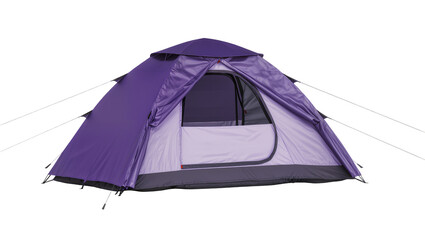 Purple camping tent with guy lines and zippered door © Pablo